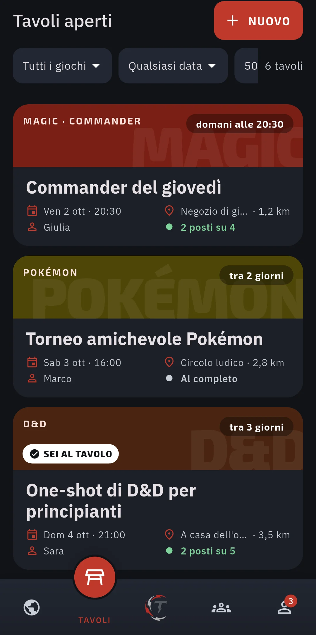 Schermata Tavoli